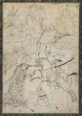 Khem Karan - A Mounted Prince Hunting Lion in a Rocky Landscape.webp