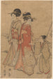 Twee vrouwen wandelend langs een beekje geleid door een jongen - Kitagawa Utamaro — weergave van het kunstwerk