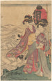 Twee vrouwen met kinderen aan de rand van de zee - Kitagawa Utamaro — weergave van het kunstwerk