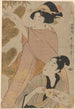 Vrouw en man die dennenappels van de Nieuwjaarsdennen snoeien - Kitagawa Utamaro — weergave van het kunstwerk
