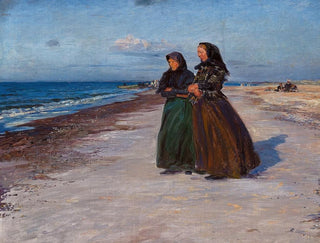 Knud Larsen Bergslien - To fiskerkoner ved stranden i blsevejr Nordjylland.webp