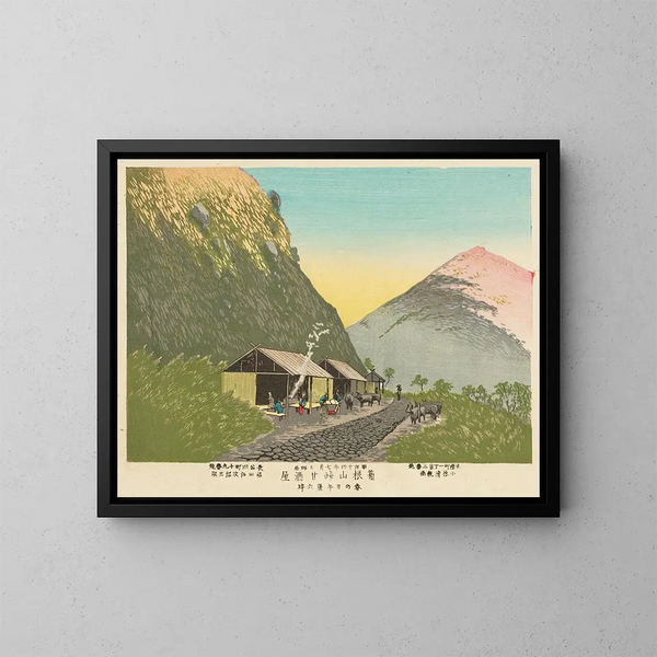 van het huis van de zoete saké onderaan de berg Hakone, 18:00 op een lentedag - Kobayashi Kiyochika — ingelijst kunstwerk aan de muur