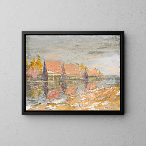 Datchas schilderij aan de rand van de rivier - Konstantin Alexeïevitch Korovine — ingelijst kunstwerk aan de muur