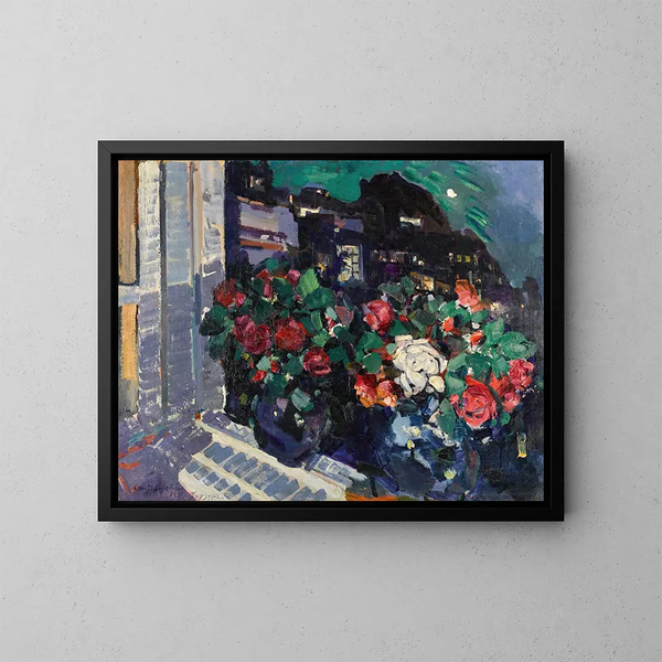 Rozen op een vensterbank in Gurzuf - Konstantin Alexeïevitch Korovine — ingelijst kunstwerk aan de muur