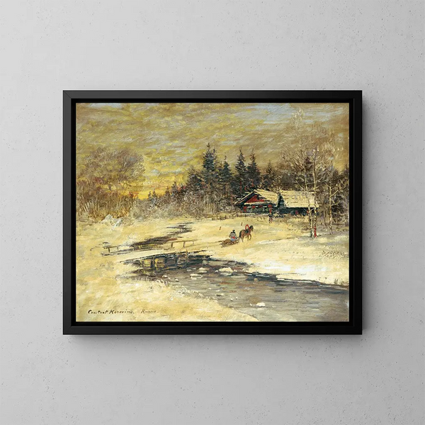slee on een brug bij zonsondergang - Konstantin Alexeïevitch Korovine — ingelijst kunstwerk aan de muur