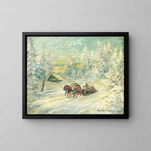 Troika in de sneeuw - Konstantin Alexeïevitch Korovine — ingelijst kunstwerk aan de muur