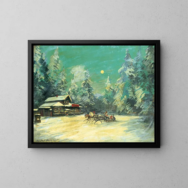 Troika die langs een herberg passeert in de nacht - Konstantin Alexeïevitch Korovine — ingelijst kunstwerk aan de muur