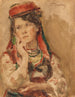 Portret van een jonge vrouw in traditioneel kostuum - Konstantin Egorovich Makovsky — weergave van het kunstwerk