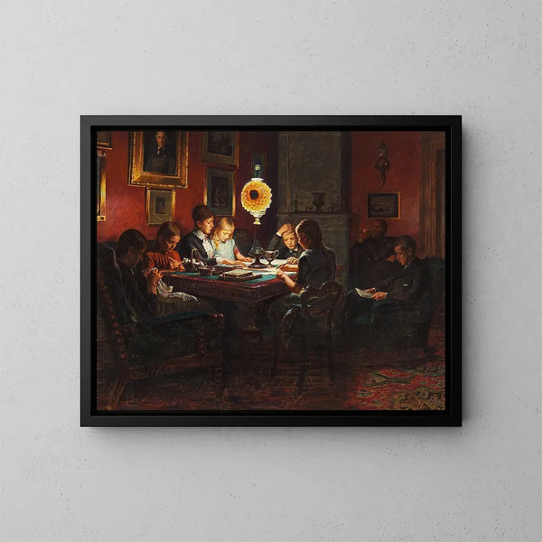 Portret van de familie bij het licht van de lamp - Kristian Zahrtmann — ingelijst kunstwerk aan de muur