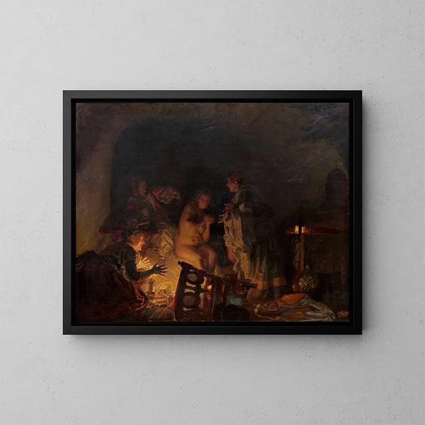 Leonora Christina naakt en door de dienaren van koningin Sofie Amalie onderzocht - Kristian Zahrtmann — ingelijst kunstwerk aan de muur
