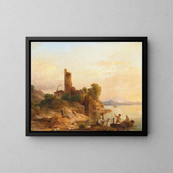 Italiaanse landschapsschilderij met vissers op het meer - Károly Markó — ingelijst kunstwerk aan de muur