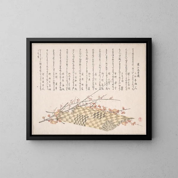 van een pruimenbloesem met bloemen en een opgerold tapijt - Kubo Shunman — ingelijst kunstwerk aan de muur