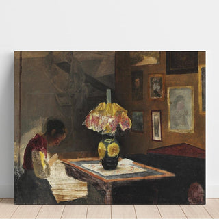 L'épouse de l'artiste Sigrid cousant à la lumière de la lampe - Laurits Andersen Ring | Reproduction Tableau Décoration murale affiche copie
