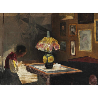 L'épouse de l'artiste Sigrid cousant à la lumière de la lampe - Laurits Andersen Ring | Reproduction Tableau Décoration murale affiche copie