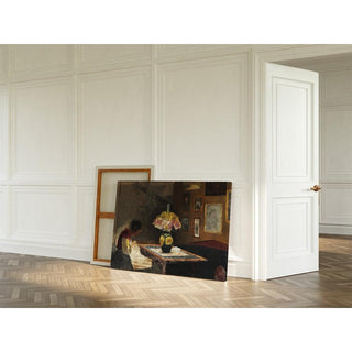 L'épouse de l'artiste Sigrid cousant à la lumière de la lampe - Laurits Andersen Ring | Reproduction Tableau Décoration murale affiche copie