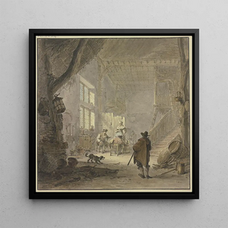 L'intérieur d'une maison, à la fenêtre, deux hommes et une femme au premier plan, un homme vu de dos - Hendrik Meyer