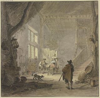 L'intérieur d'une maison, à la fenêtre, deux hommes et une femme au premier plan, un homme vu de dos - Hendrik Meyer
