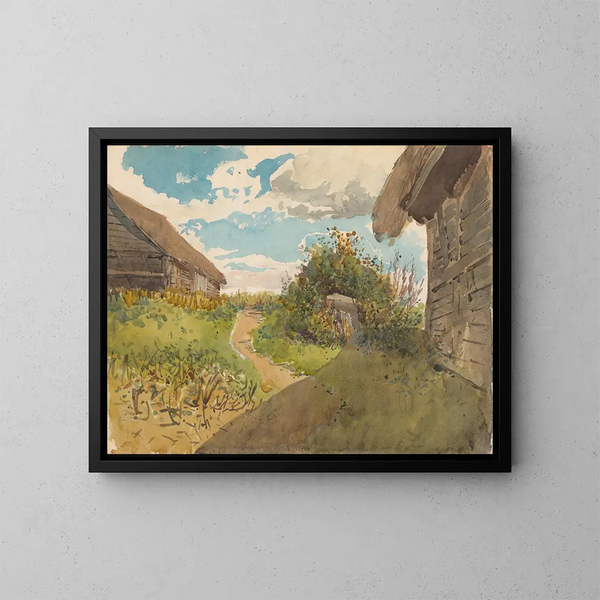 Landschapskunstdruk tussen hooibergen - Ladislav Mednyánszky — ingelijst kunstwerk aan de muur