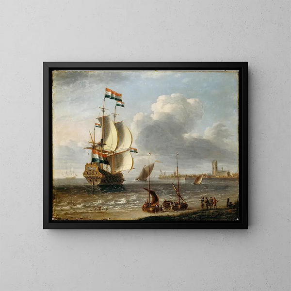Een Nederlandse Indiaman voor de kust van Hoorn - Laureys a Castro — ingelijst kunstwerk aan de muur