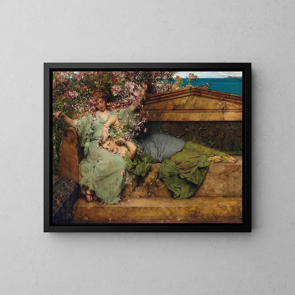 in een rozen tuin - Lawrence Alma-Tadema — ingelijst kunstwerk aan de muur