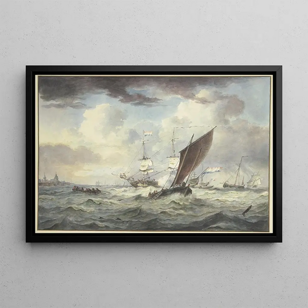 Leendert de Koningh - Stark bewegte See mit vielen Schiffen ein groes Schiff ldt eine Kanone davor ein Boot von vorne gesehen links eine Stadt.webp
