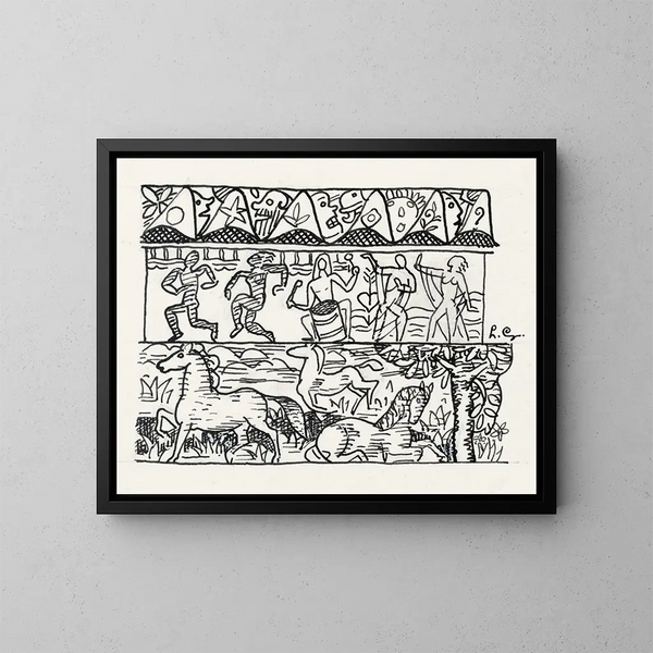 Blad met drie stroken met afbeeldingen van paarden, dansende mensen en maskers - Leo Gestel — ingelijst kunstwerk aan de muur