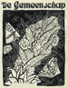 van de omslagontwerp van De Gemeenschap met een voorstelling van vliegende vlinders rondom bladeren en bloemen - Leo Gestel — weergave van het kunstwerk