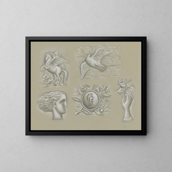 Conceptions pour un filigrane de billet de banque: Pégase, colombe, tête de femme, blason et main avec rose - Leo Gestel — ingelijst kunstwerk aan de muur