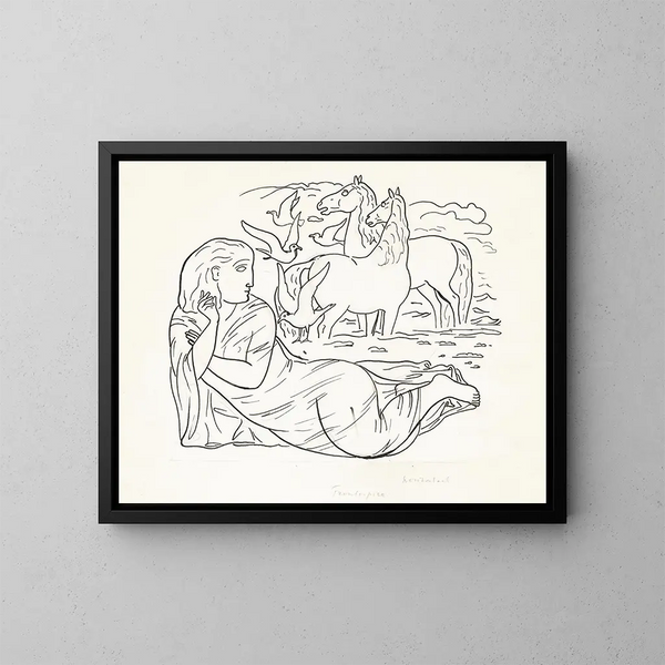schetsenbord met vrouw liggend op het strand met twee paarden en enkele meeuwen - Leo Gestel — ingelijst kunstwerk aan de muur