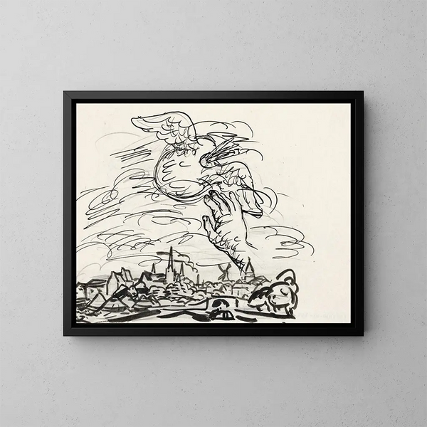 Onbekend schilderij, schets van een vignette voor de biografie van Gestel door Van der Pluym, uitzicht op Woerden met boven een uitgestoken hand naar een gevleugeld palet - Leo Gestel — ingelijst kunstwerk aan de muur