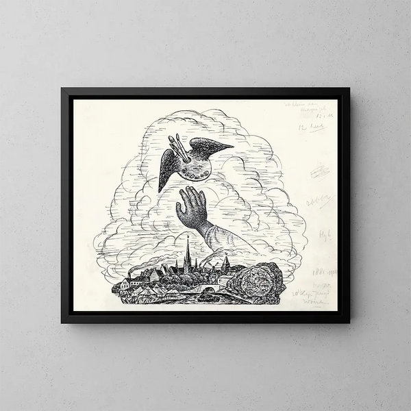 Onbekend schilderij, vignette voor de biografie van Gestel door Van der Pluym, uitzicht op Woerden met boven een uitgestoken hand naar een gevleugeld palet - Leo Gestel — ingelijst kunstwerk aan de muur