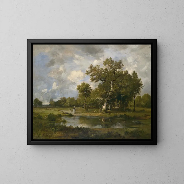 Landschap van Bach met wandelaarster - Léon Richet — ingelijst kunstwerk aan de muur