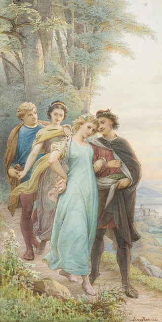 Leopold Bode - Die wieder vereinten Brautpaare auf dem Weg aus dem Wald vorn Helena und Demetrius dahinter Hermia und Lysander.webp