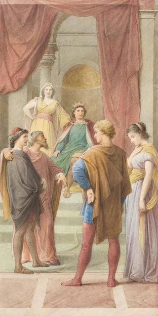 Leopold Bode - Egeus fordert vor dem Herrscherpaar Theseus und Hippolyta seine Tochter Hermia solle Demetrius anstelle von Lysander heiraten.webp