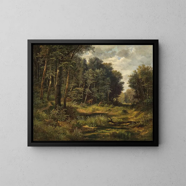 van het hert aan de rand van het bosvijver - Leopold Munsch — ingelijst kunstwerk aan de muur