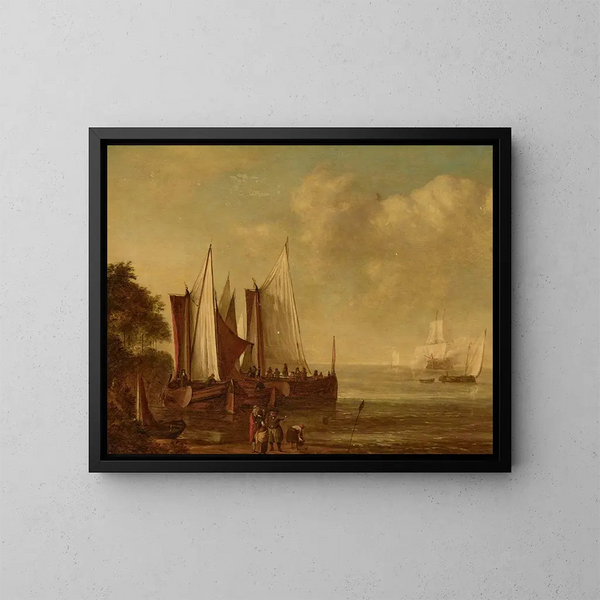 van Barges à voile au large avec des figures sur la côte - Lieve Pietersz Verschuier — ingelijst kunstwerk aan de muur