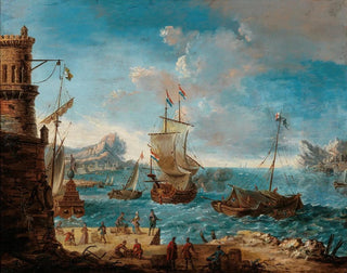 Lodovico Mattioli - A coastal landscape with figures conversing on a harbour and ships beyond.webp