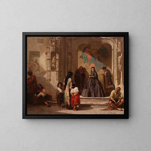 Jonge vrouw die liefdadigheid brengt bij de ingang van de kapel van het San Sébastian-ziekenhuis, Córdoba - Léon Bonnat — ingelijst kunstwerk aan de muur