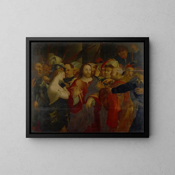 Le Christ en de vrouw die overspel pleegt - Lorenzo Lotto — ingelijst kunstwerk aan de muur