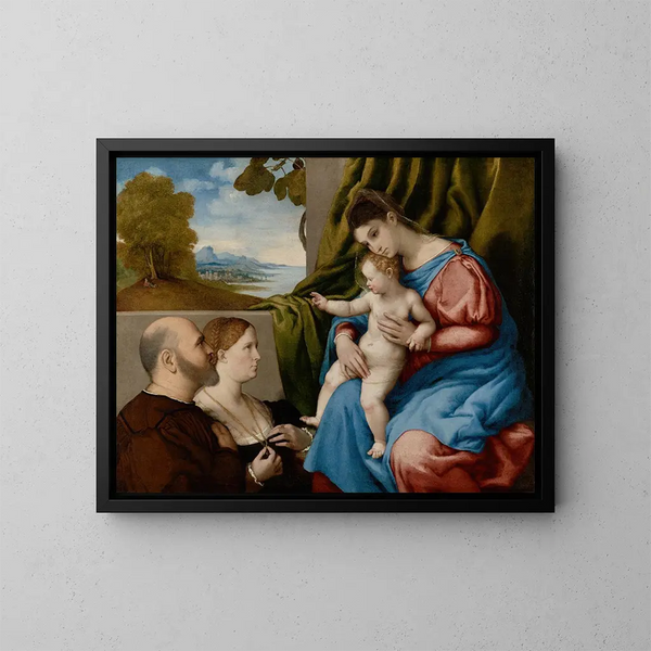 Maagd met Kind en twee donateurs - Lorenzo Lotto — ingelijst kunstwerk aan de muur