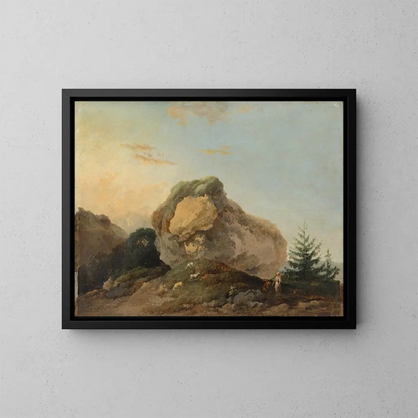 Een glooiend landschap met een grote rots en een herder en een herderin met hun kudde - Louis Gabriel Moreau — ingelijst kunstwerk aan de muur