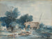 Een rivierlandschap met wassende vrouwen bij een molen - Louis Gabriel Moreau — weergave van het kunstwerk