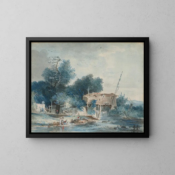 Een rivierlandschap met wassende vrouwen bij een molen - Louis Gabriel Moreau — ingelijst kunstwerk aan de muur