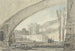 Vue onder een brug naar terrassen en een trap - Louis Gabriel Moreau — weergave van het kunstwerk