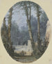 Landschap van een park met grote bomen en een stenen helling bij MidField - Louis Gabriel Moreau — weergave van het kunstwerk