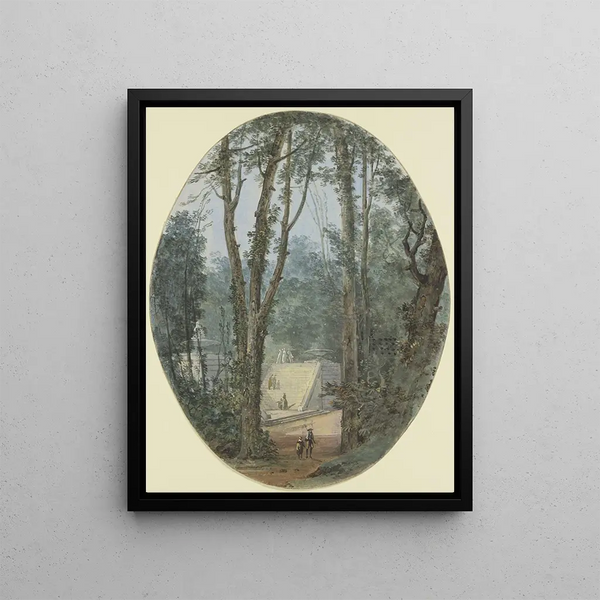Louis Gabriel Moreau - Parklandschaft mit hohen Bumen und dem Blick auf einen Treppenanstieg im Mittelgrund.webp