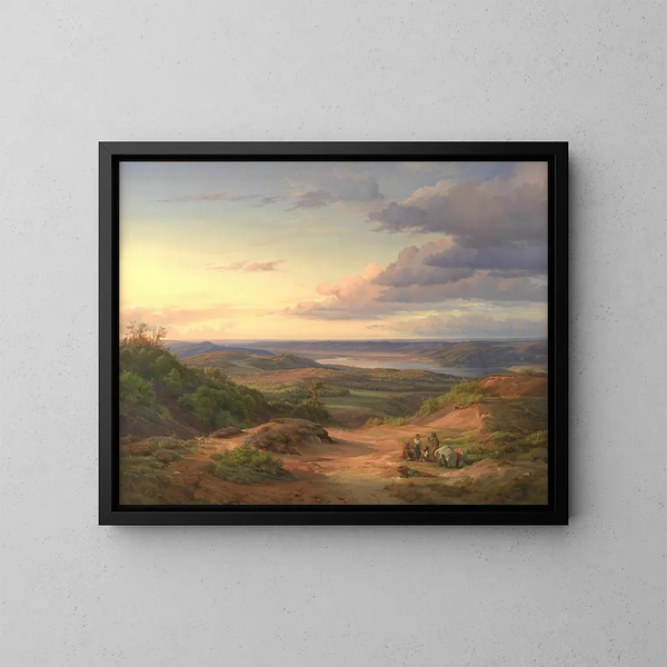 van een landschap bij Himmelbjerget, Jutland. Op de voorgrond een zigeunergezin. - Louis Gurlitt — ingelijst kunstwerk aan de muur