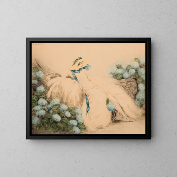Dame aux fleurs bleues - Louis Icart — ingelijst kunstwerk aan de muur