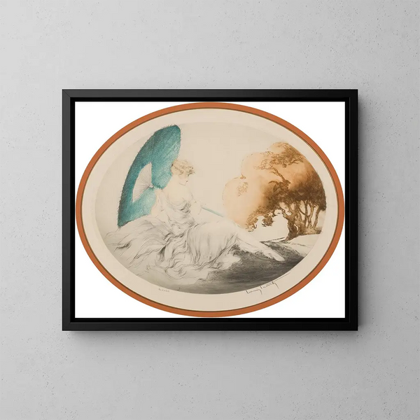 Vrouw liggend met een parasol - Louis Icart — ingelijst kunstwerk aan de muur