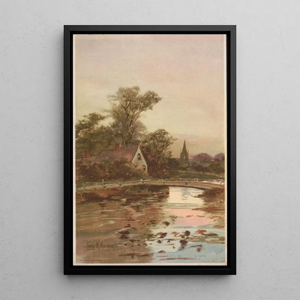 Louis Kinney Harlow - Bridge over a stream with a cottage and a church in the background.webp